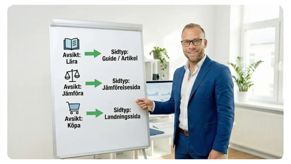 Matcha sökavsikt med rätt sidtyp – SEO byrå SEO-konsulten står vid en whiteboard som visar ett flödesschema för content marketing: Avsikt "Lära" leder till "Sidtyp: Guide/Artikel", "Jämföra" leder till "Jämförelsesida", och "Köpa" leder till "Landningssida".