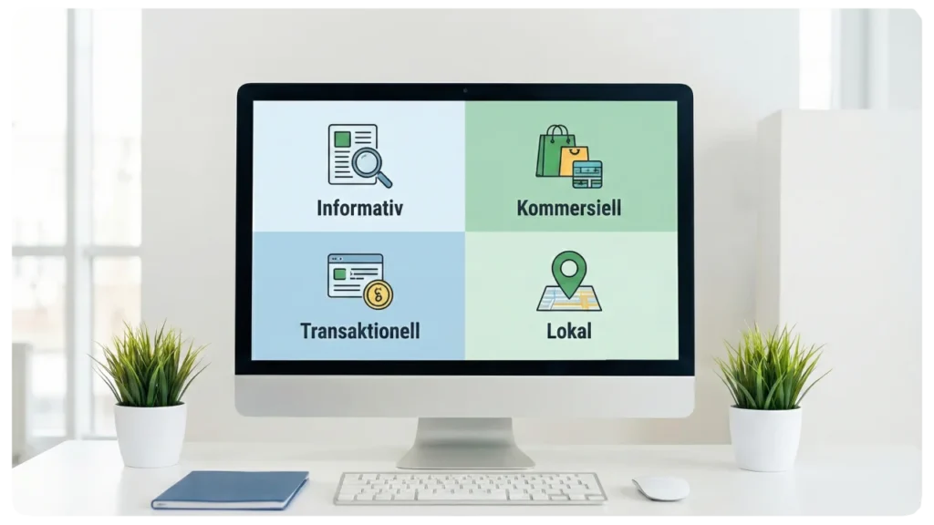 De fyra typerna av sökavsikt – SEO Datorskärm som visar en grafisk uppdelning av de fyra huvudtyperna av sökavsikt: Informativ (vill veta/lära), Kommersiell (vill jämföra/välja), Transaktionell (vill agera/köpa) och Lokal (vill hitta nära).