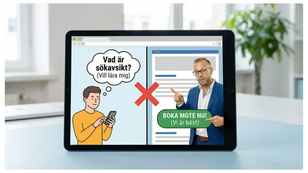 Exempel på felmatchad sökavsikt – SEO Illustration på en surfplatta. Till vänster en användare som tänker "Vad är sökavsikt? (Vill lära mig)". Till höger en webbsida med en man som pekar på en knapp med texten "BOKA MÖTE NU! (Vi är bäst)". Ett rött kryss markerar att sidan inte matchar användarens behov