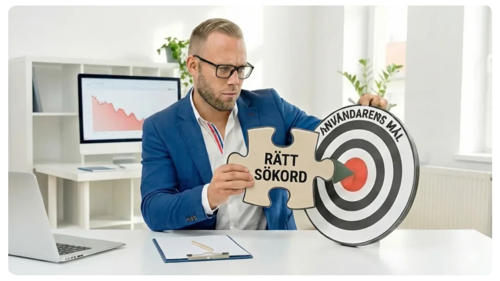 Rätt sökord men fel mål – sökmotoroptimering En man i kostym försöker pressa in en pusselbit märkt "RÄTT SÖKORD" i mitten av en måltavla märkt "ANVÄNDARENS MÅL", men biten passar inte. Illustrerar problemet med att missa sökavsikten i SEO.