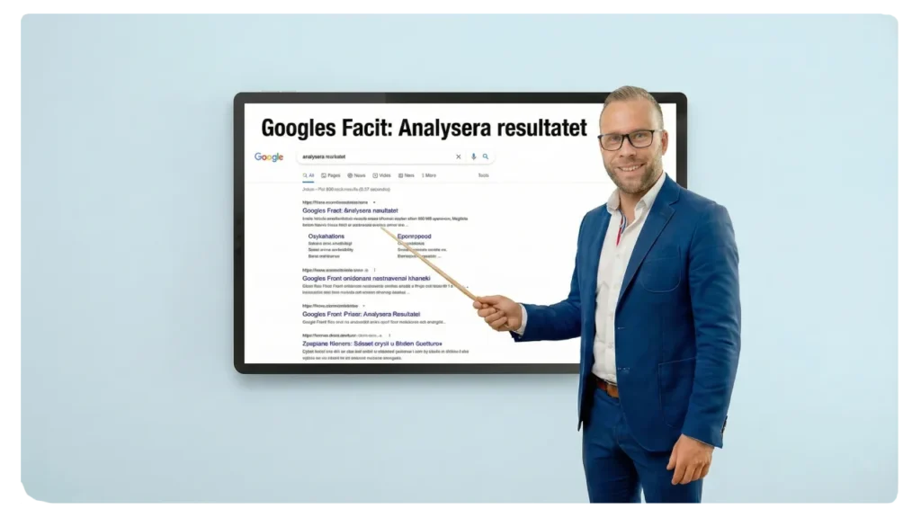 Analysera SERP för sökavsikt – sökoptimering SEO-konsulten pekar på en stor skärm som visar ett Google sökresultat (SERP) med rubriken "Googles Facit: Analysera resultatet". Han visar hur man tolkar sökresultaten för att förstå intentionen.
