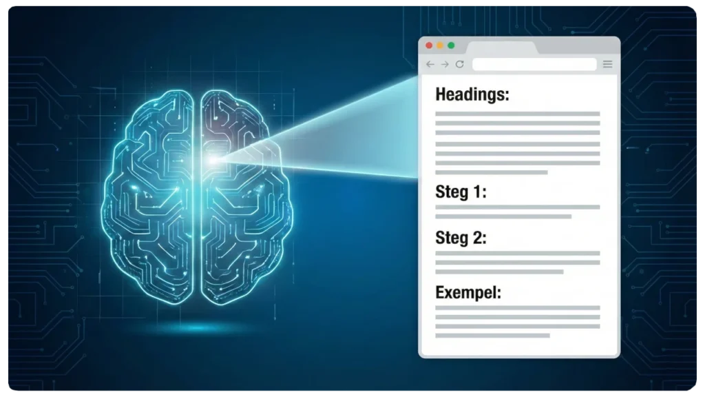 AI-vänlig struktur för AEO – SEO konsult En lysande digital AI-hjärna skannar av en webbsida som är tydligt strukturerad med rubriker, steg-för-steg-listor och exempel. Visar hur AI letar efter strukturerad data.
